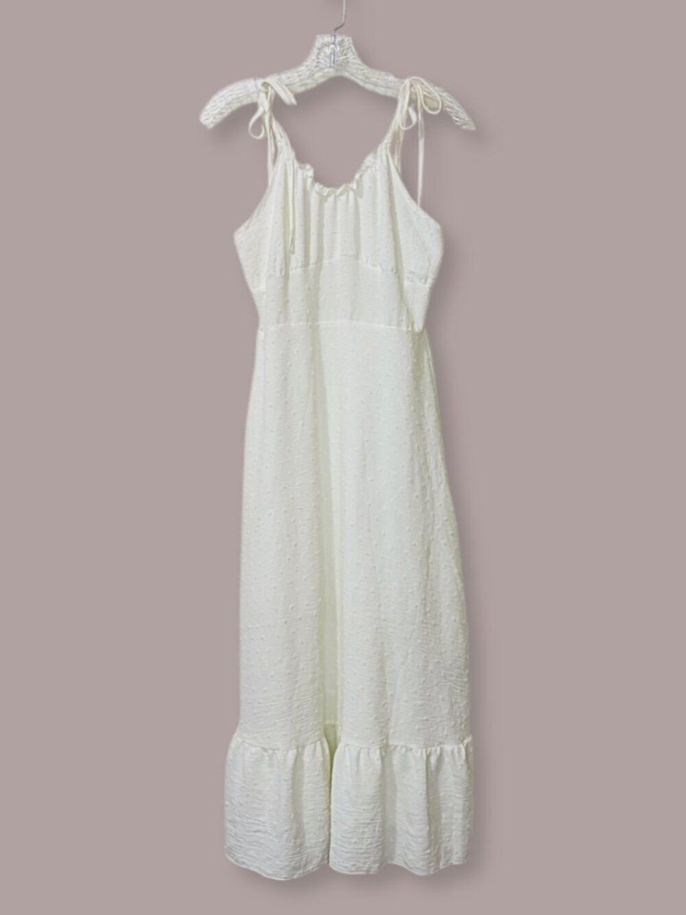 White Ivory Swiss Dot Tie Shoulder Long Sundress Size M Boho Cottagecore